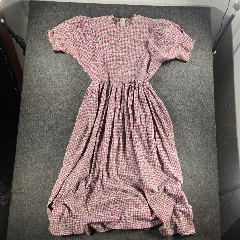 Vintage Gingham Floral Midi Dress Womens S Pink‎ Puff Sleeve Prairie Cottagecore